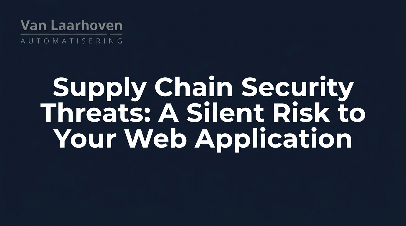 Abstract visualization of interconnected chains with compromised red links representing supply chain security threats